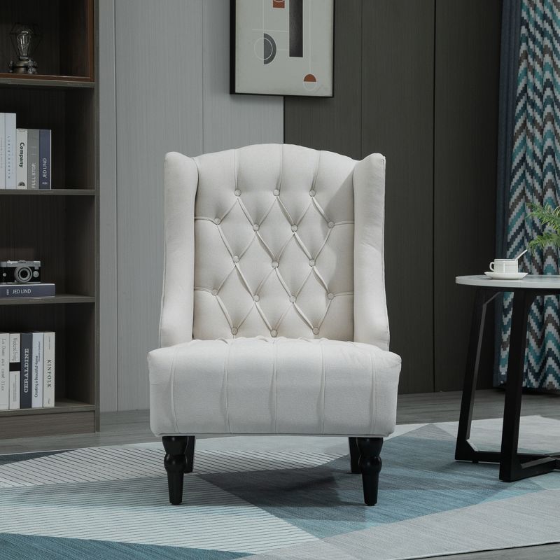 HomCom Linen Fabric Button Tufted Tall Wingback Accent Chair with Wooden Legs, 1 of 7