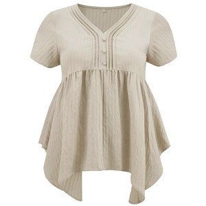 Women's Plus Size Pintuck Textured Button Decor V Neck Short Sleeve Asymmetric Hem Summer Babydoll Blouses - GRACE & GRANDEUR - 1 of 4