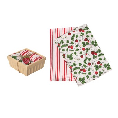 Transpac Fabric Tea Towels in Ceramic Basket Set of 3 Home Decorations Spring
