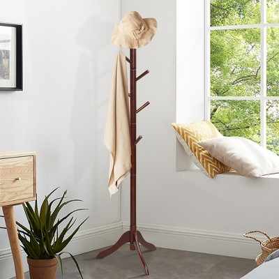 Adjustable Brown Rubber Wood Coat Rack with 8 Hooks
