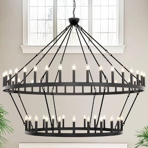 YANSUN 70 in. 64-Light Black Farmhouse Wagon Wheel Chandelier 2-Tiers Extra-Large Pendant Light Fixtures for Living Room - 1 of 1
