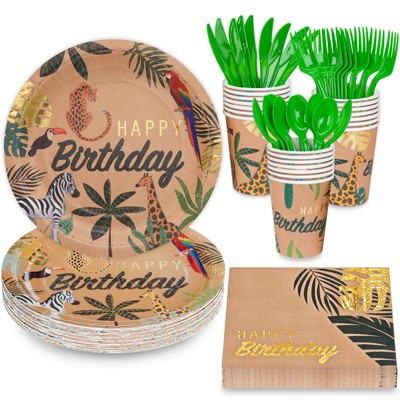 DYLIVeS Safari Jungle Birthday Party Supplies Tableware, Zoo Theme Gold Foil Forest Animal Party Decorations Packs Baby Shower-Disposable Plates...