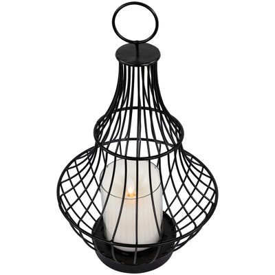 Black Metal Cage Hurricane Lantern with Glass Cylinder, 14"