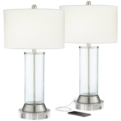 360 Lighting Contemporary Table Lamps Set of 2 with Round Risers USB Charging Port LED Nickel White Drum Shade for Living Room