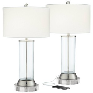 360 Lighting Watkin Modern Table Lamps Set of 2 with Round Risers 28 1/2" Tall Clear Glass USB and AC Power Outlets in Base White Drum Shade for Home - 1 of 4