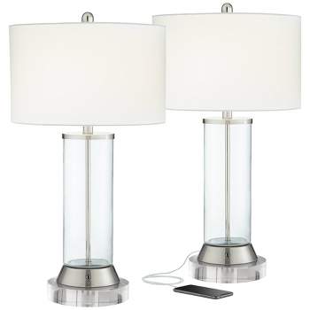 360 Lighting Watkin Modern Table Lamps Set of 2 with Round Risers 28 1/2" Tall Clear Glass USB and AC Power Outlets in Base White Drum Shade for Home