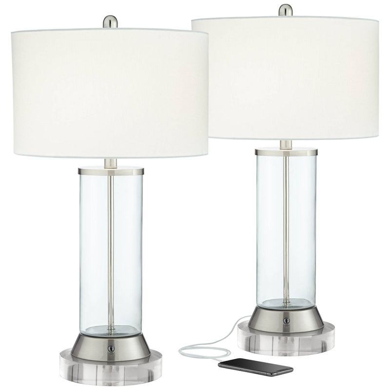 360 Lighting Watkin Modern Table Lamps Set of 2 with Round Risers 28 1/2" Tall Clear Glass USB and AC Power Outlets in Base White Drum Shade for Home, 1 of 10