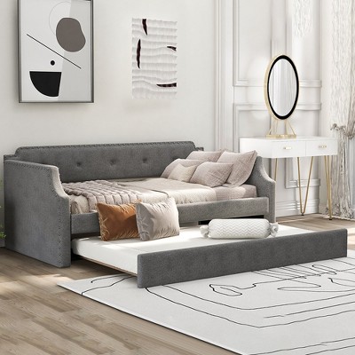 Upholstered Daybed With Trundle, Upholstered Frame, Wood Slat Support Twin Daybed Frame, No Box Spring Required For Living Room, Office, Bedroom