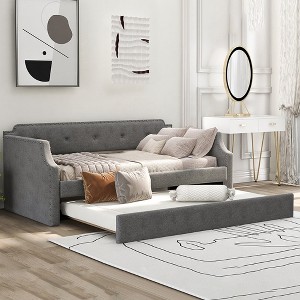 Upholstered Daybed With Trundle, Upholstered Frame, Wood Slat Support Twin Daybed Frame, No Box Spring Required For Living Room, Office, Bedroom - 1 of 4