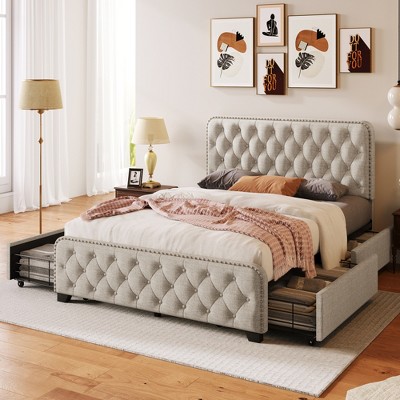 Full Size Button Tufted Upholstered Platform Bed With Four Drawers ...