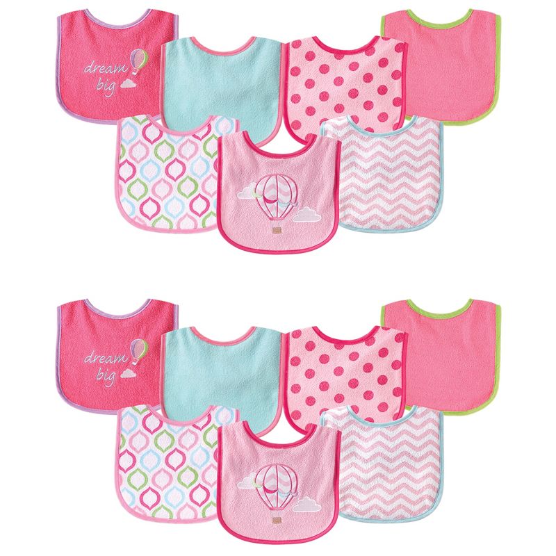 Luvable Friends Infant Girl Cotton Terry Drooler Bibs with PEVA Back, Pink Balloon 14-Piece, 1 of 2