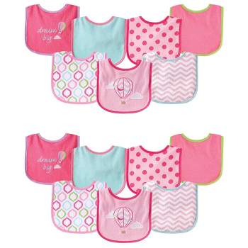 Luvable Friends Infant Girl Cotton Terry Drooler Bibs with PEVA Back, Pink Balloon 14-Piece
