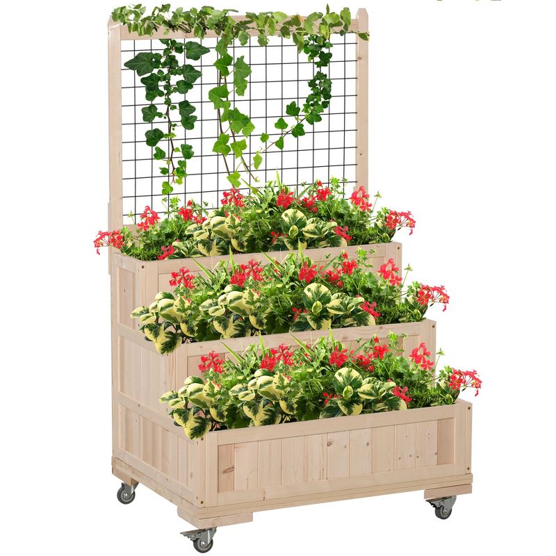 Outsunny 3-Tiers Raised Garden Bed with Wheels, Trellis, Back Storage Area, Easy Movable Wooden Planter Boxes for Flowers, Vegetables, Herbs, Natural, 1 of 10