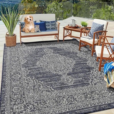 Indoor Outdoor Rug Vintage Medallion Area Rug for Patio Backyard Balcony, 5'3" x 7'3" Navy Blue