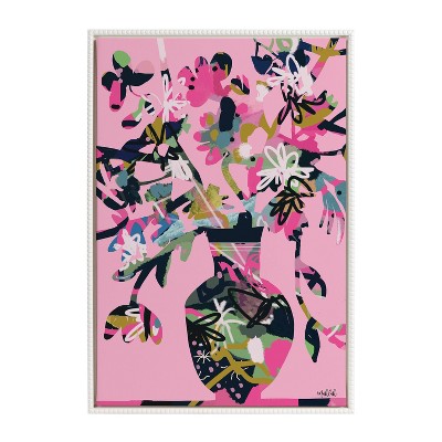 Colorful Floral Vase Print on Pink Canvas with White Beaded Frame