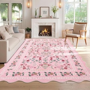 Garvee Boho Floral Area Rug Machine Washable Low Pile Soft Carpet for Living Room Scalloped Floral Runner Rug - 1 of 4