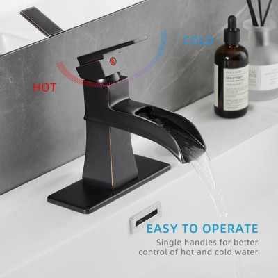 DOMETOUR Sink Faucet Waterfall ORB w/ Pop Up Drain & Supply Lines, 1 Hole One Handle Vanity Bath Mixer Tap