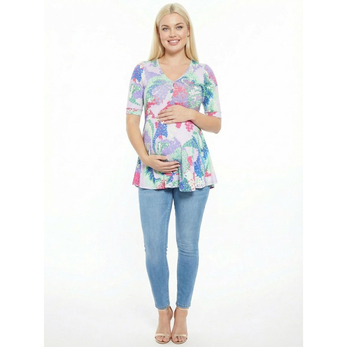 24seven Comfort Apparel Maternity Abstract V Neck Elbow Sleeve Henley Tunic Top