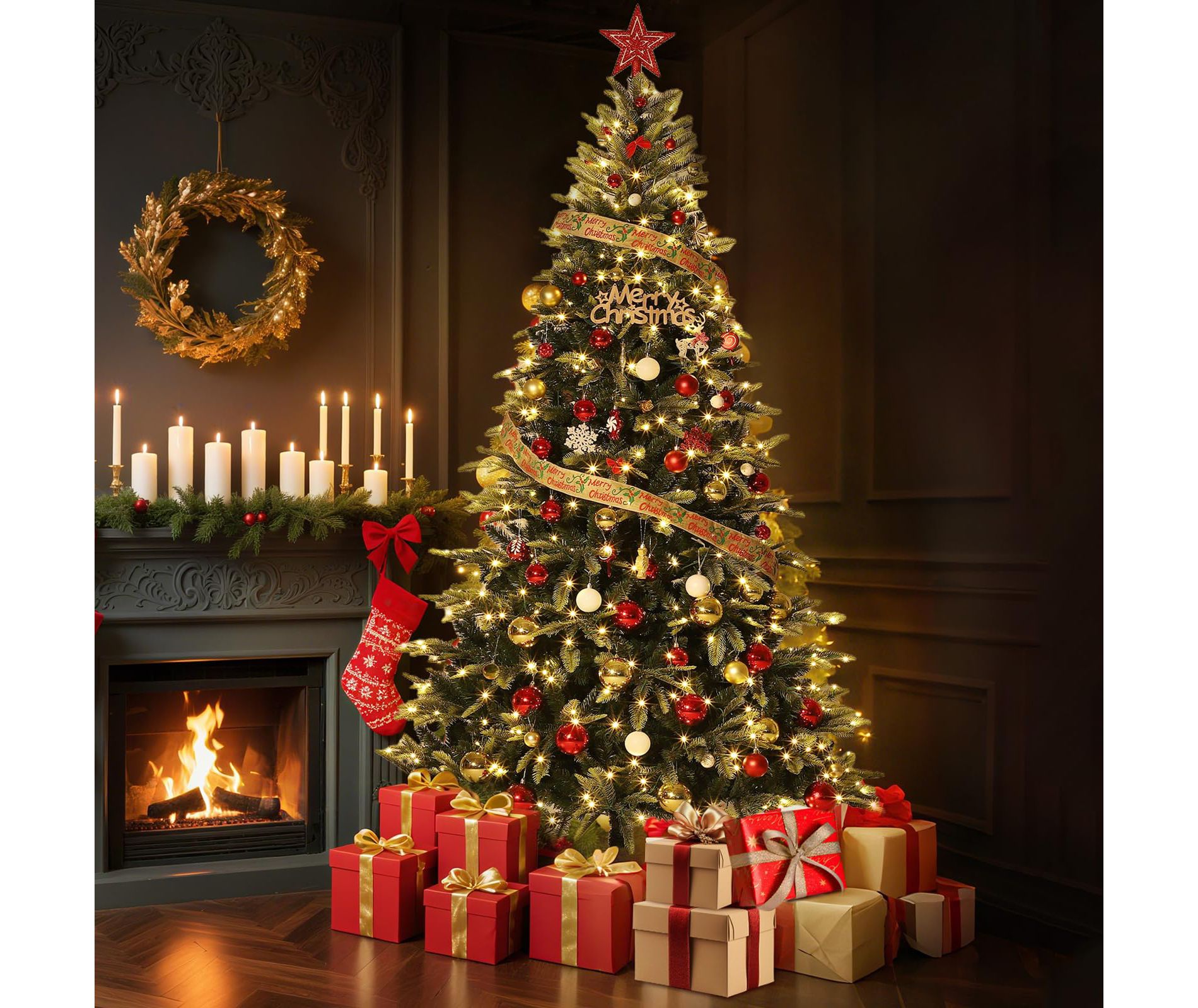 Pre-Lit Artificial Christmas Tree - 450 Warm White LED Lights & 1531 PE/PVC Tips - Hinged Design with Folding Stand for Home Office 7.5FT