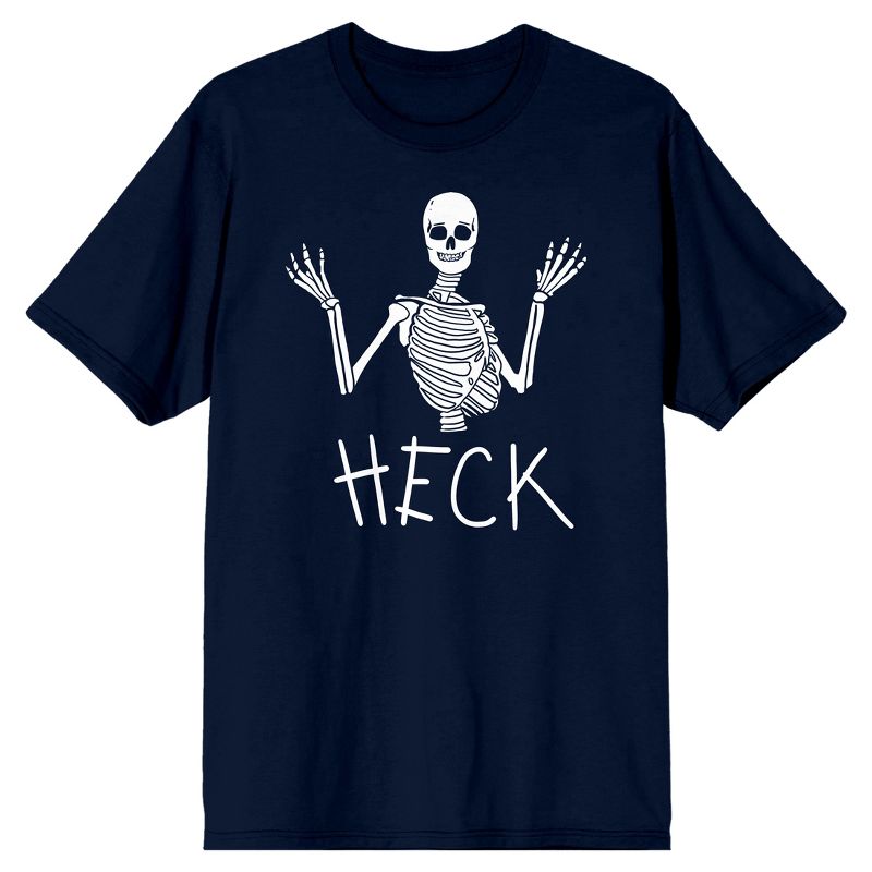 Kids Halloween Shrugging Skeleton "Heck" Youth Navy Blue Short Sleeve Crew Neck Tee, 1 of 4