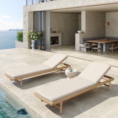 Set of 2 Outdoor Wooden Chaise Lounge Chairs with Water-Resistant Cushions, Reclining Patio Chairs for Pool, Deck, or Backyard-The Pop Home