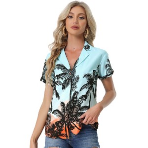 Allegra K Women's Hawaiian Floral Leaves Printed Short Sleeve Button Down Vintage Shirt - 1 of 4