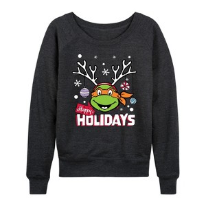 Women's - Teenage Mutant Ninja Turtles - Happy Holidays Lightweight French Terry Wide Neck Long Sleeve Shirt - 1 of 4