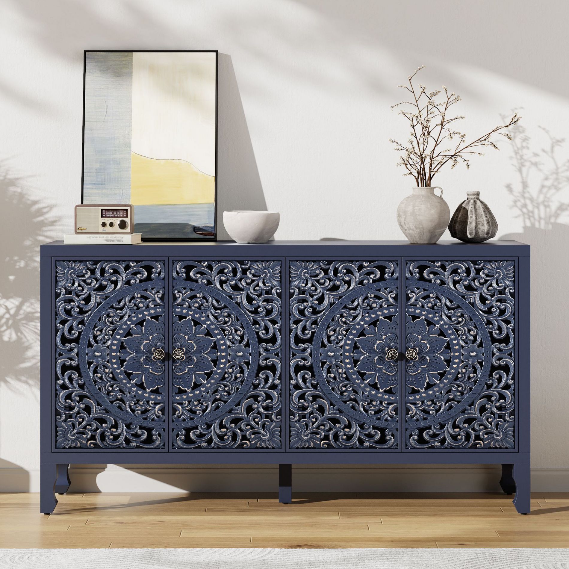 Buffet Cabinet with Storage, Distressed Storage Cabinet with 4 Carved Doors and Adjustable Shelf, Wooden Accent Sideboard Buffet Cabinets