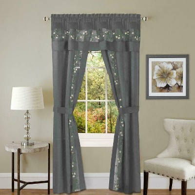 Kate Aurora Complete 5 Pc Window in a Bag Embroidered Floral Country Flax Sheer Curtain & Valance Set