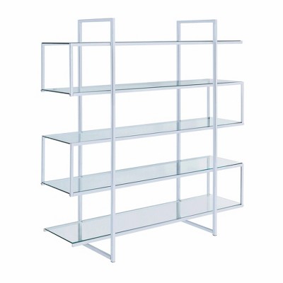 63" Bookcase with 5 Tempered Glass Shelves and Electroplated Frame Chrome - Benzara