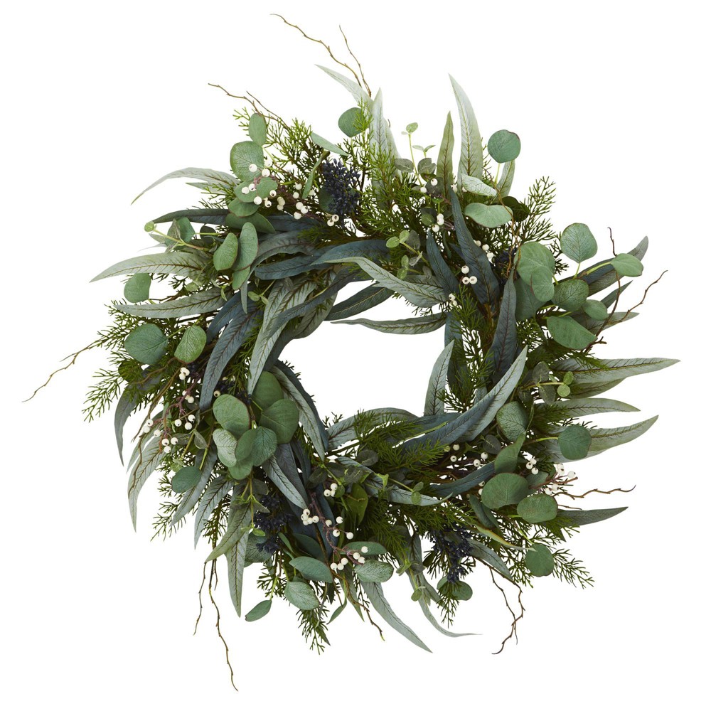 Photos - Other Decoration Nearly Natural 24" Artificial Eucalyptus and Mixed Greens Wreath: Faux Flo