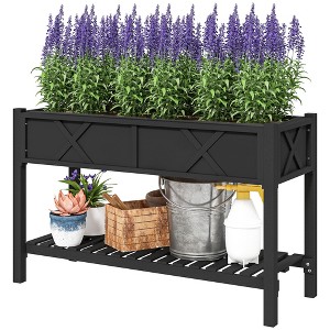 Aghana Digitals Elevated Fir Wood Planter Box with Dual Tiers, Storage Shelf, Drainage Holes & - 1 of 4