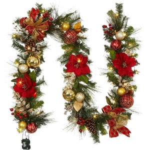 Christmas Garland for Mantle, 9Ft Xmas Garland Red Gold Ball Ornaments Poinsettia Flower for Fireplace Front Door Stairs Railing Indoor Outdoor - 1 of 4