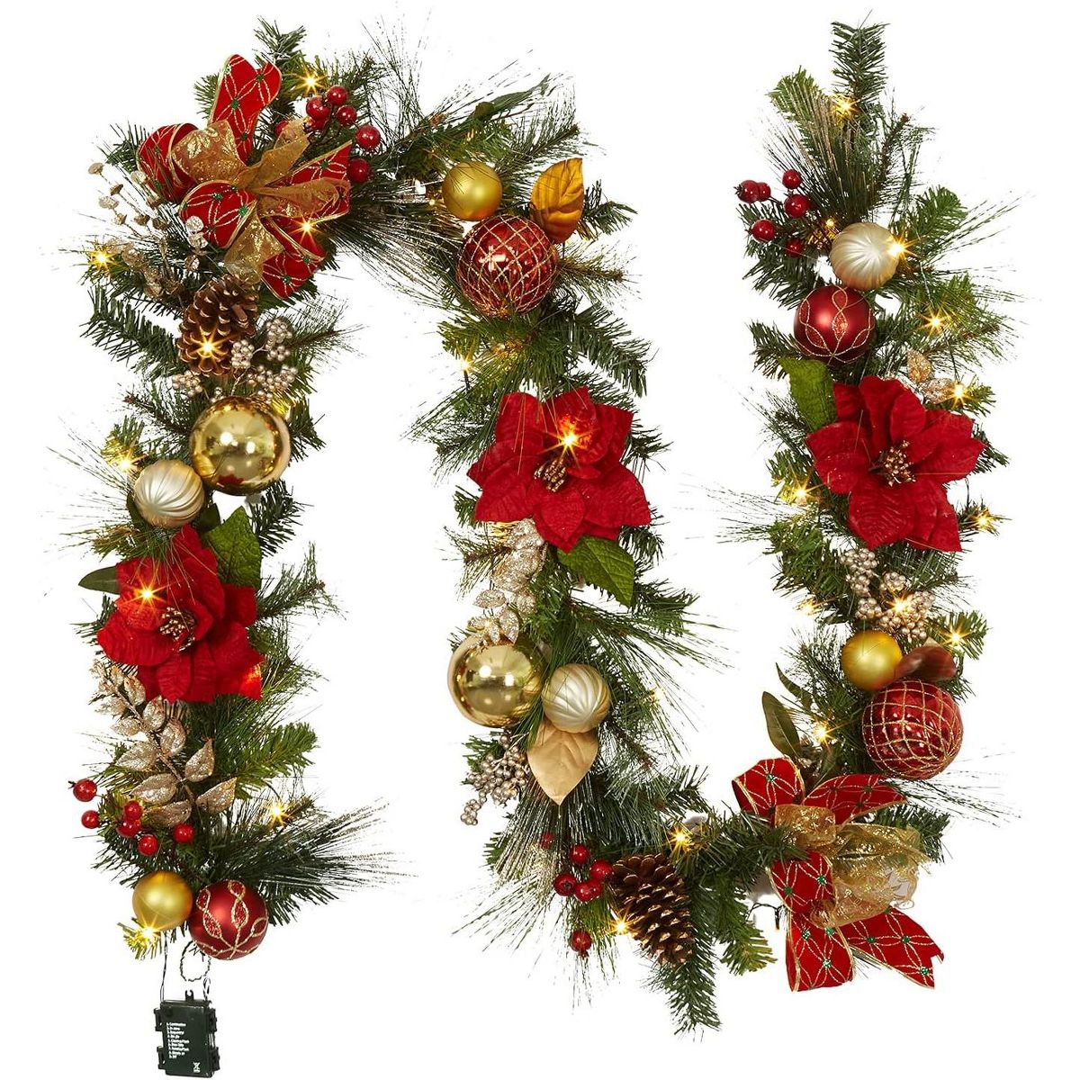 9 Ft Prelit Christmas Garland, Battery Operated Xmas Garland with Lights Silver White Ball Ornaments Pine Cones for Fireplace Door Stairs Railing