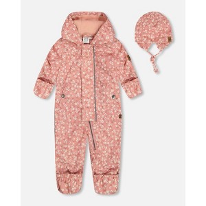Deux par Deux Girl Baby Printed Mid-Season One-Piece Outerwear with Hat Small White Flowers on Pale Pink - 24 Months - 1 of 4