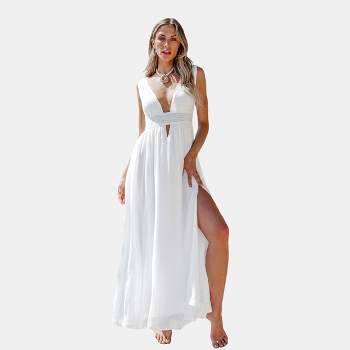 Women's White Plunging Smocked Keyhole Maxi Dress - Cupshe