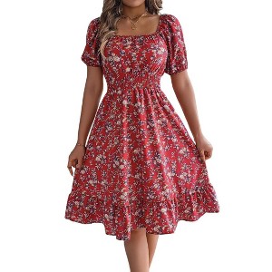 Coolmee Women's Summer Floral Midi Dresses Casual Square Neck Puff Sleeve Flowy Ruffle A Line Beach Dress - 1 of 4