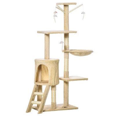 TopComfy Pet Tower Plush Sturdy Interactive Cat Condo Tower Soft Cushion Scratching Post Activity Tree House for Cats, Beige, 19.8"*13.8"*52.8"