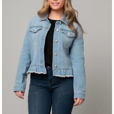 Women's Peplum Hem Denim Jacket W/ Novelty Buttons - Pine Apparel