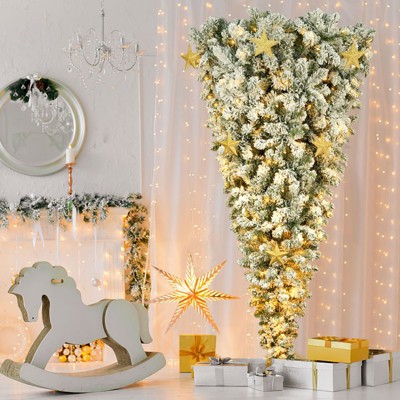 Upside Down Christmas Tree with Flocking,360 LED Warm Lights X-mas Décor,8 Golden Star Decorations for a Stunning Holiday Display-Maison Boucle