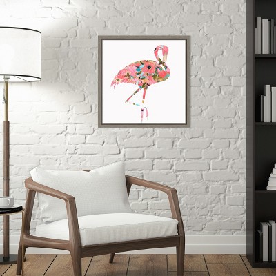 Summer Glow Pink Flamingo Floral Canvas Framed Wall Art 16x16