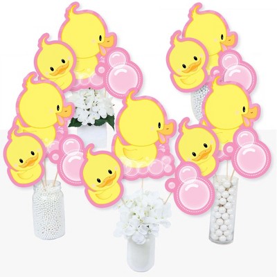 Big Dot of Happiness Pink Ducky Duck - Baby Shower or Birthday Party Centerpiece Sticks - Table Toppers - Set of 15