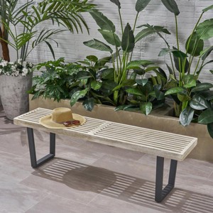Modern Outdoor Dining Bench with Slatted Acacia Wood Seat and Sturdy Iron Legs for Patio Seating -3irtyhousy - 1 of 4