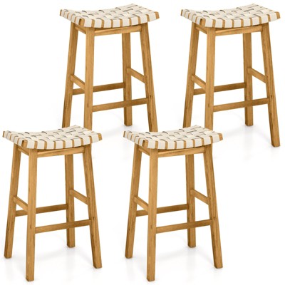 Tangkula 4 PCS Woven Bar Stools Faux PU Leather Bar Height Saddle Stools with Woven Curved Seat Wood Barstools