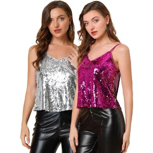 Allegra K Women's Sequined Shining Adjustable Straps Party Sparkle Cami Top 2 Packs - 1 of 4