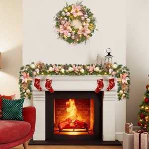 9 Feet Pre-Lit Christmas Garland with Lights and Rose Gold Ball Ornaments for Mantle Stairs Railing Fireplace Table Centerpiece Decor - 1 of 4