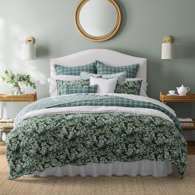 Laura Ashley 7pc Full/Queen Bramble Floral 100% Cotton Comforter Sham Bonus Set Green