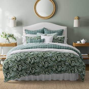 Laura Ashley 7pc Bramble Floral 100% Cotton Comforter Sham Bonus Set Green
