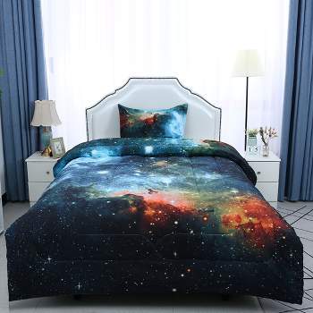 PiccoCasa Polyester Galaxies All-season Reversible Comforter & Pillowcase Sets Galaxies 2 Pcs Twin Blue