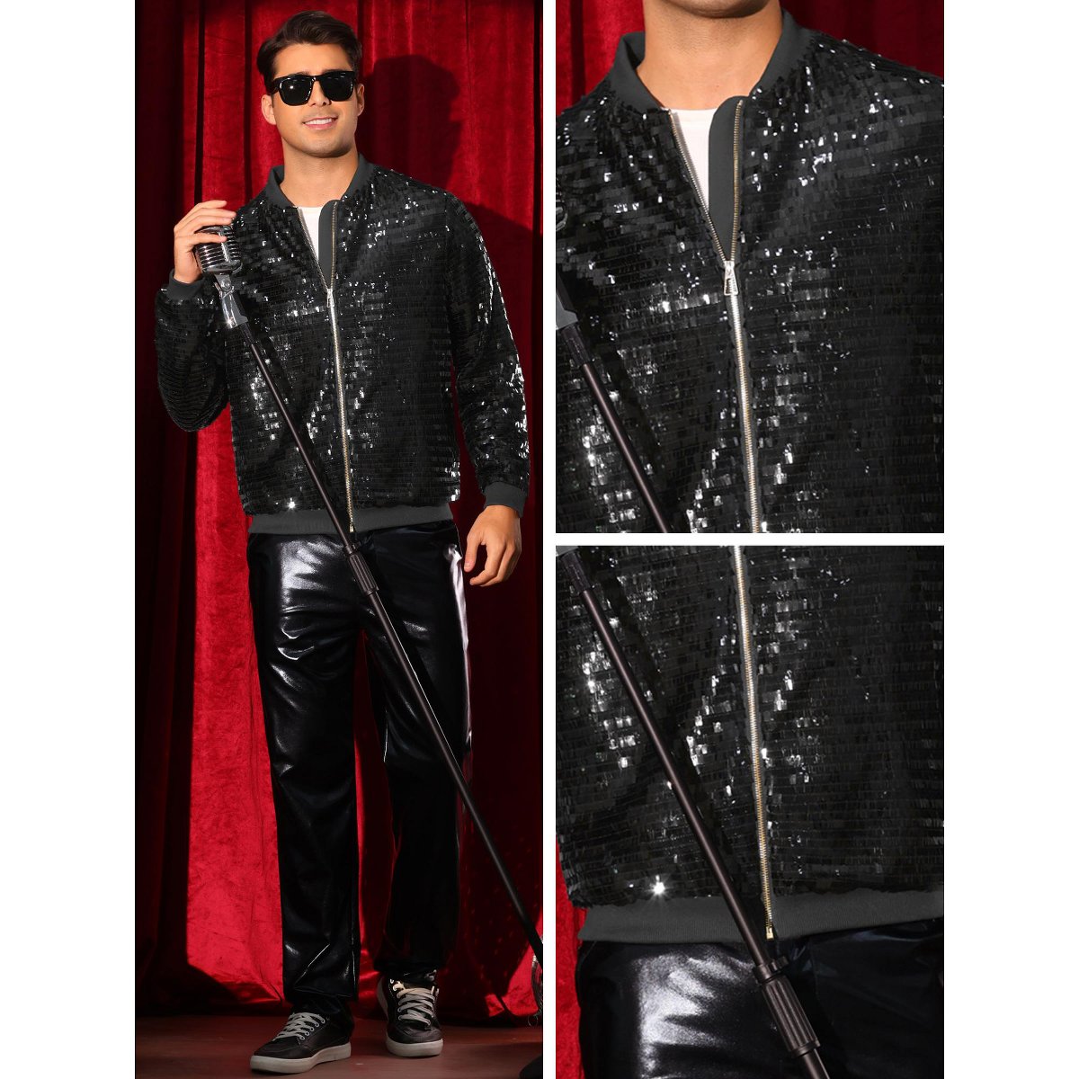 Мужские куртки INSPIRE CHIC Sequin Varsity Jackets for Men's Zipper Festival Disco Sparkly Shiny Baseball Bomber Jacket Black Medium — фото 4